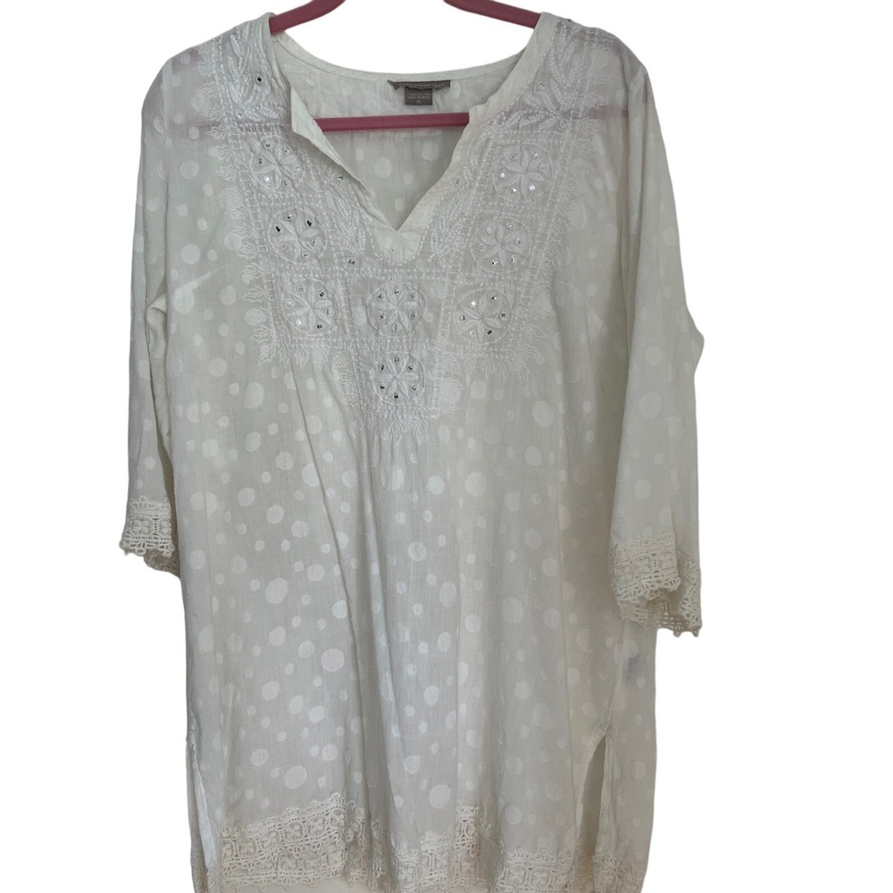 VTG Peppermint bay white cotton tunic embellished XL embellished Beachy